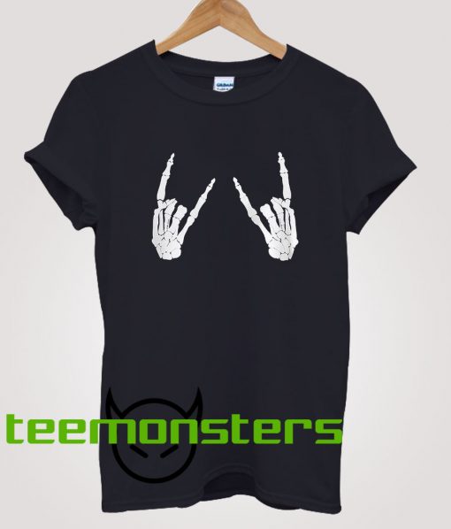 Skeleton Hands Rock Pose On Breast T-Shirt