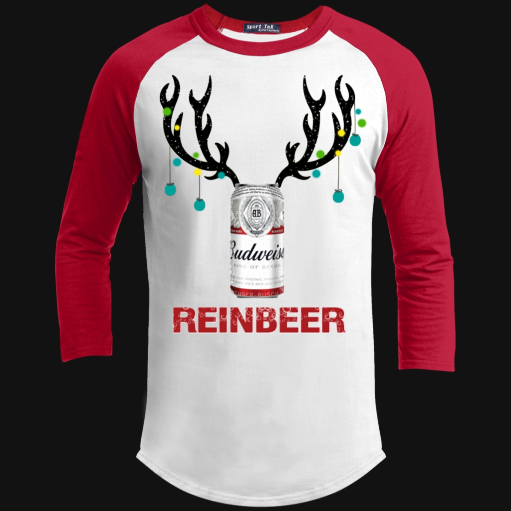 Budweiser Reinbeer Christmas Raglan Sleeve Shirt Funny Beer Reindeer Xmas Shirt AD