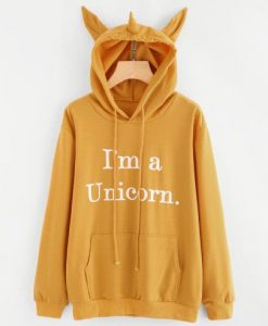 Slogan Print Unicorn Ear Hoodie With Kangaroo Pocket Hoodie AD