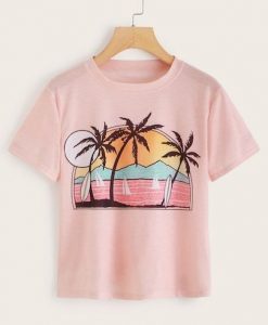 Tropical And Landscape Print T-Shirt RE23