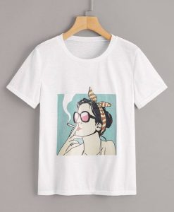 Smoking Girl Figure Print T-Shirt