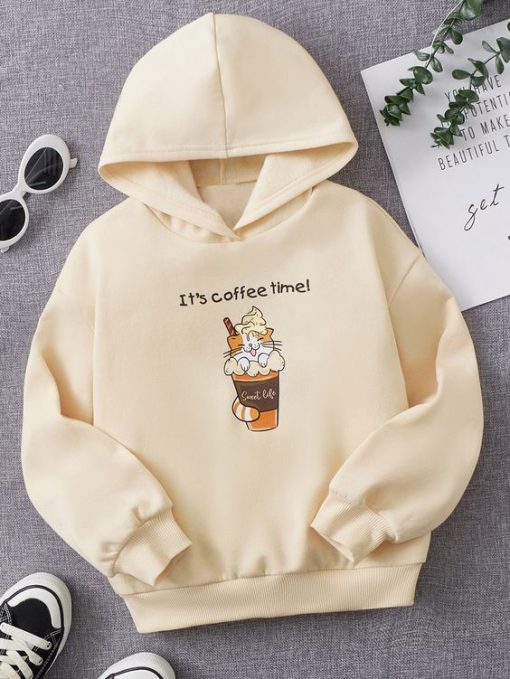 Coffee Time Girls Cartoon & Slogan Graphic Hoodie