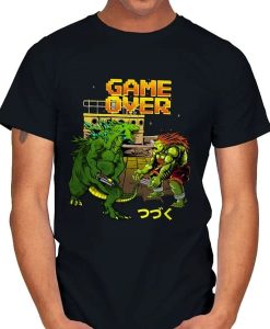 Godzilla and Street Fighter with Game Over t-shirt