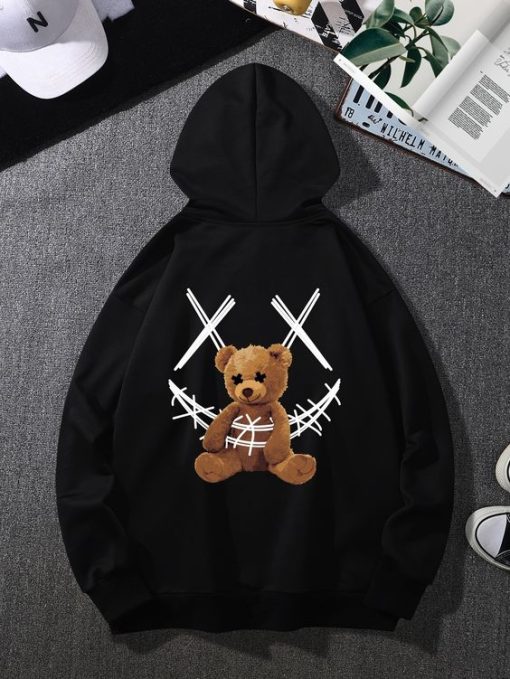 Men Bear Print Drawstring Hoodie