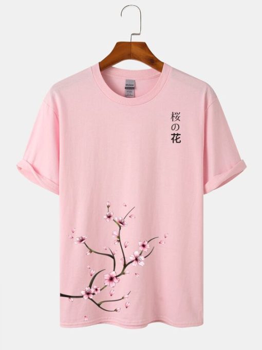 Mens Cherry Blossoms Print Japanese T-shirt