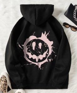 Smile Expression Print Drawstring Thermal Hoodie