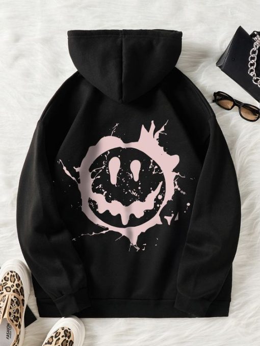 Smile Expression Print Drawstring Thermal Hoodie